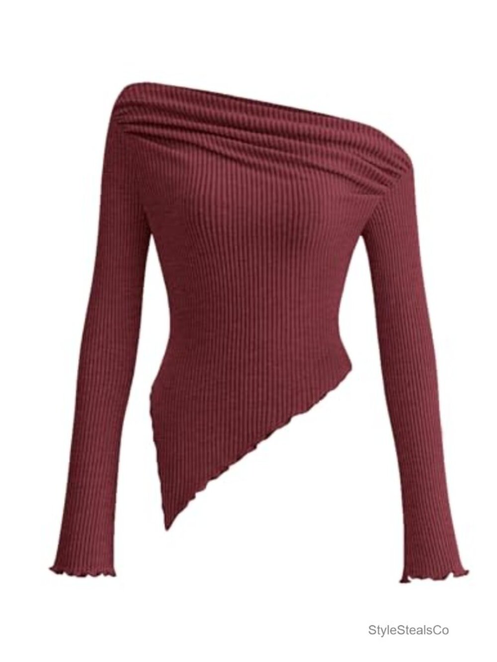 Ribbed Knit Off Shoulder Long Sleeve Crop Top Fitted Tee